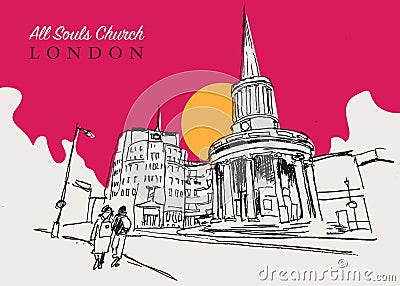 Drawing sketch illustration of the All Souls Church in London, UK Vector Illustration