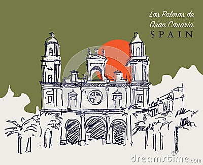 Drawing sketch illustration of the Cathedral of Santa Ana in Las Palmas, Gran Canaria, Spain Vector Illustration