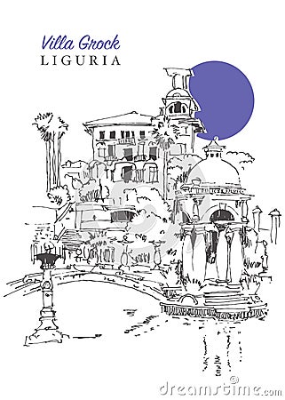 Drawing sketch illustration of the Villa Grock in Liguria, Italy Vector Illustration