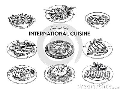 Vector hand drawn sketch international cuisine set Vector Illustration