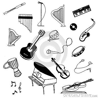Vector Hand drawn sketch of music instruments illustration on white background Vector Illustration