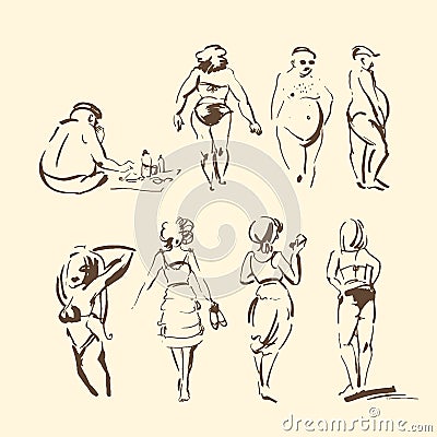 Vector Hand drawn sketch of people on beach illustration on white background Vector Illustration