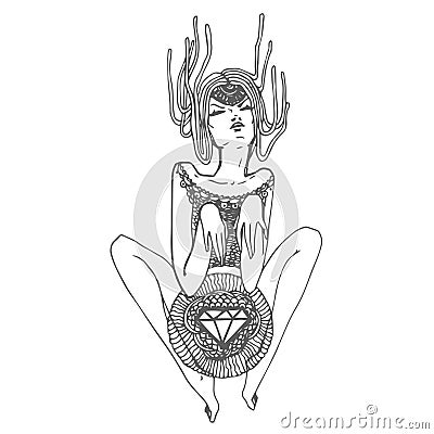 Vector Hand drawn sketch of print girl with diamond illustration on white background Vector Illustration