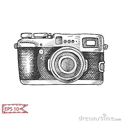 Vector hand drawn sketch Professional SLR camera, photocamera Stock Photo