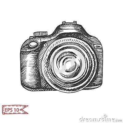 Vector hand drawn sketch Professional SLR camera, photocamera Stock Photo