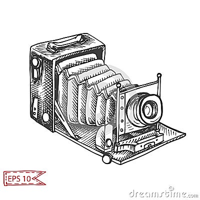 Vector hand drawn sketch Professional SLR camera, photocamera Stock Photo