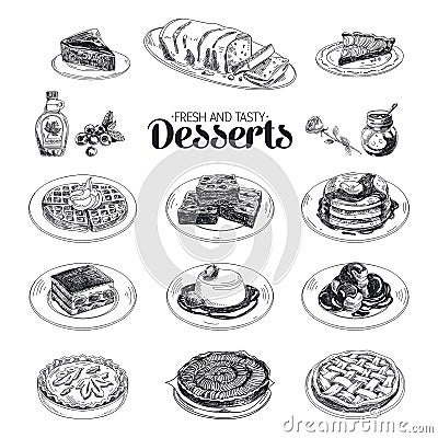 Vector hand drawn sketch restaurant desserts set Vector Illustration