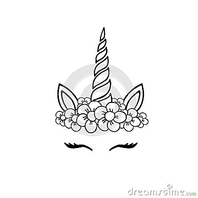Vector hand drawn sketch unicorn face with flowers Stock Photo