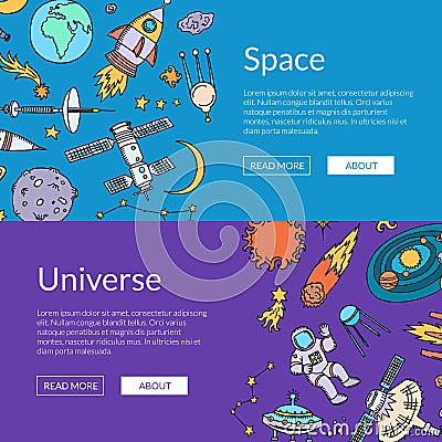 Vector hand drawn space elements horizontal web banners illustration Vector Illustration