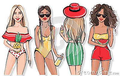 Vector hand drawn summer girls. Cute tanned Girlfriends in trendy outfit. Vector Illustration