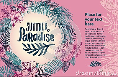 Vector hand drawn Summer time quote lettering illustration with tropical elements Vector Illustration