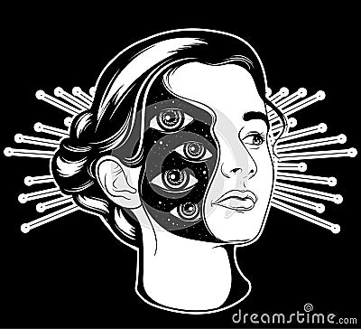 Vector hand drawn surrealistic illustration of pretty girl . Vector Illustration