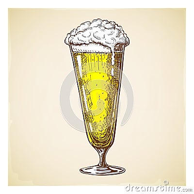 vector hand drawn tall beer glass full of wheat beer with foam. Beautiful vintage beer mug or pilsner with dropping froth isolated Cartoon Illustration