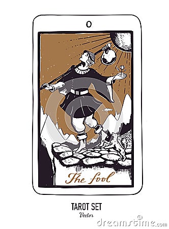 Vector hand drawn Tarot card deck. Major arcana The fool. Engraved vintage style. Occult and alchemy Vector Illustration