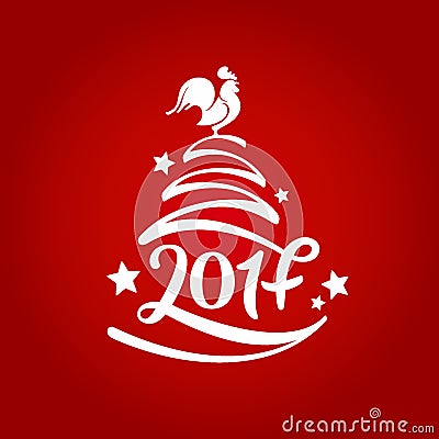 Vector hand drawn tree with lettering of 2017 for Christmas and New Year. Symbol 2017 rooster. Greeting card. Vector illustration Vector Illustration