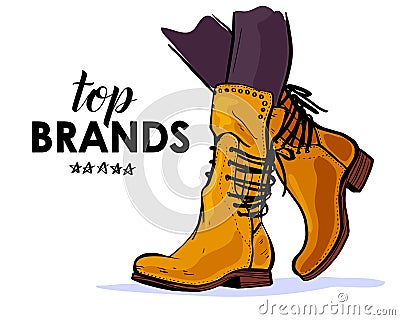 Vector hand drawn trendy fashion illustration with sale theme and autumn / spring female yellow boots isolated on white background Vector Illustration