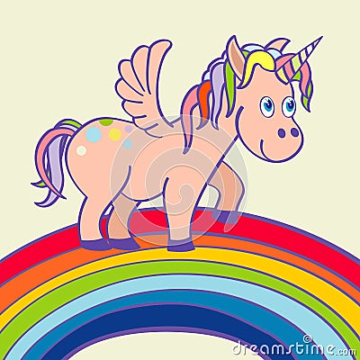 Vector hand drawn unicorn standing on a rainbow Vector Illustration