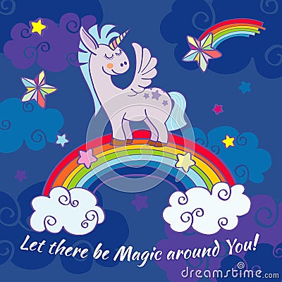 Vector hand drawn unicorn standing on a rainbow Vector Illustration