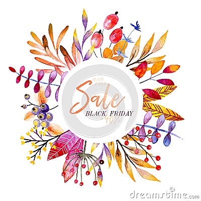 Vector hand drawn watercolor wreath of forest leaves, flowers, berries. Black friday discount. Autumn abstract branches Vector Illustration