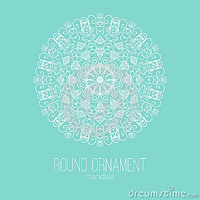 Vector hand drawn white floral mandala circle ornament on the blue background. Vector Illustration