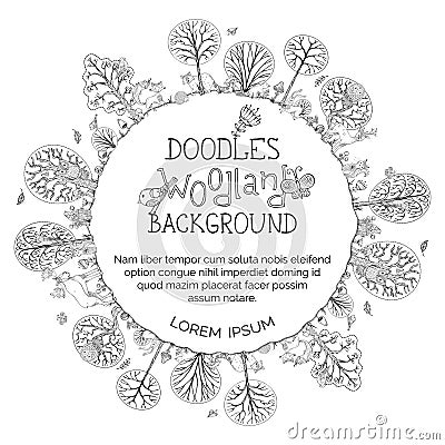 Doodles woodland background. Vector Illustration