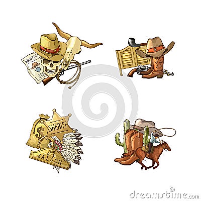 Vector hand drawn wild west cowboy elements piles set isolated on white background illustration Vector Illustration