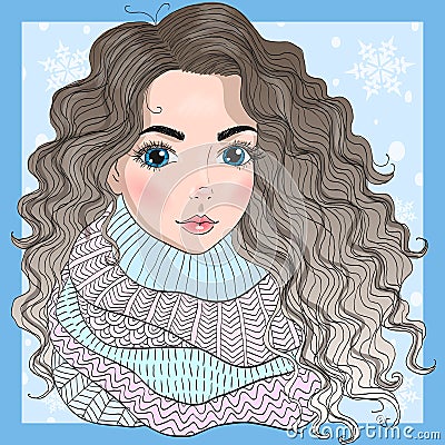 Vector hand drawn young curly woman in a voluminous scarf. Vector Illustration