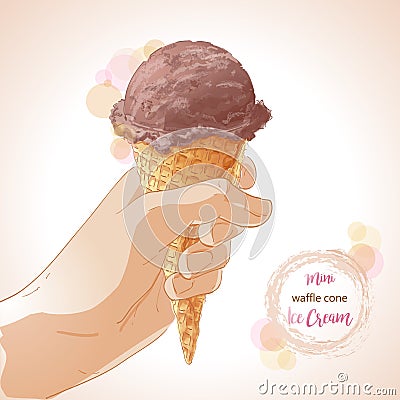 Vector Hand holding ice cream in waffle cone Vector Illustration