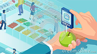 Vector of a hand holding the nitrate tester on a supermarket background Stock Photo