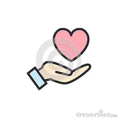 Vector hand holds heart, care, kindness charity, donation flat color line icon. Vector Illustration