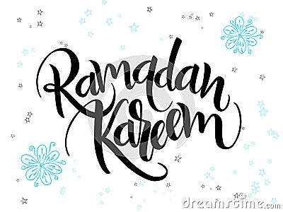 Vector hand lettering greetings ramadan kareem text with doodle flowers and stars Vector Illustration