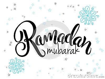 Vector hand lettering greetings ramadan kareem text with doodle flowers and stars Vector Illustration