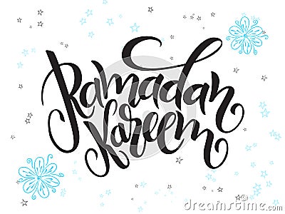 Vector hand lettering greetings ramadan kareem text with doodle flowers and stars Vector Illustration