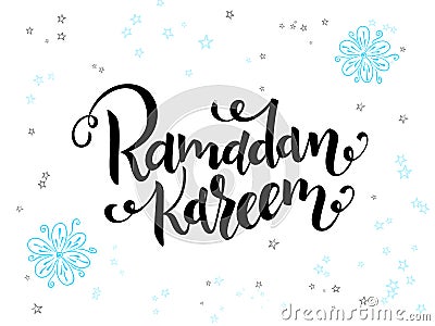 Vector hand lettering greetings ramadan kareem text with doodle flowers and stars Vector Illustration