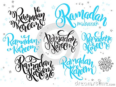 Vector hand lettering greetings ramadan kareem text set, written in various styles with doodle flowers and stars Vector Illustration