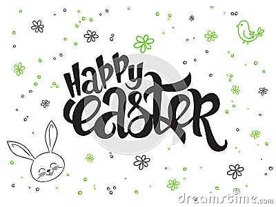 Vector hand lettering greetings text - happy easter with doodle flowers, rabbit and bubbles Vector Illustration