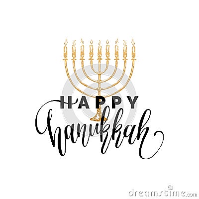 Vector hand lettering Happy Hanukkah illustration. Festive poster, greeting card template with Menorah sketch. Vector Illustration