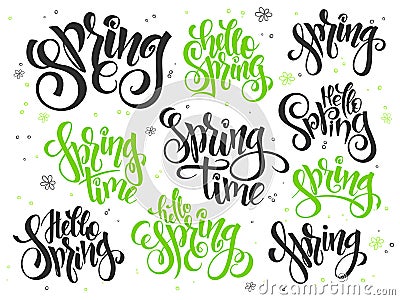 Vector hand lettering hello spring text set, written in various styles with doodle flowers and bubbles Vector Illustration