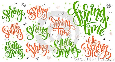 Vector hand lettering hello spring text set, written in various styles with doodle flowers and bubbles Vector Illustration