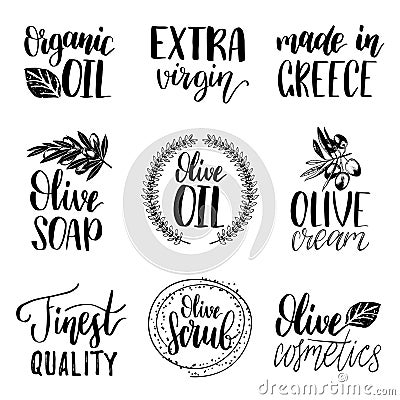 Vector hand lettering olive production signs.Sketched extra virgin oil illustrations set for farm,cosmetics produce etc. Vector Illustration