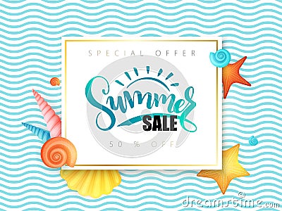 Vector hand lettering summer sale banner surrounded with detailed flat and doodle seashells on wave background Vector Illustration