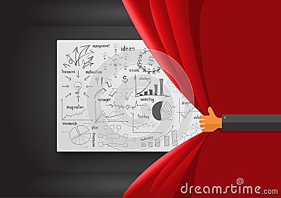 Vector hand opening red curtain with drawing business success Vector Illustration