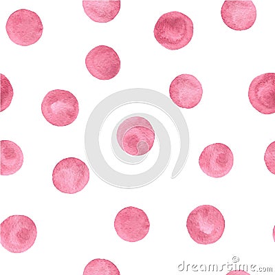 Vector hand painted watercolor pink polka dot seamless pattern on the white background. Vector Illustration