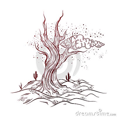 Vector hand sketched illustration of deserted landscape with dead tree. Vector Illustration