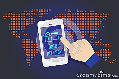 Vector : Hand touch on mobile with Data Privacy word with map in Vector Illustration