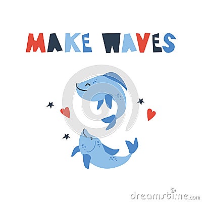 Vector handdrawn cute illustration of two merry fishes playing on the white background with hearts and stars and make waves phrase Vector Illustration