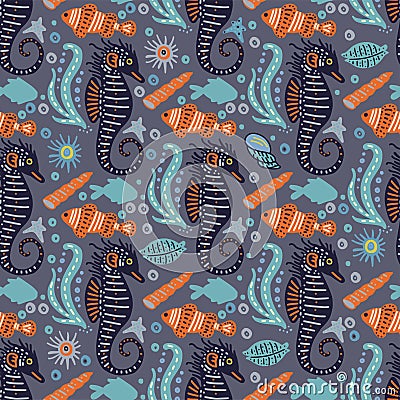 Vector handdrawn sea pattern with various marine animals. Vector Illustration