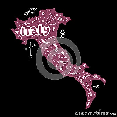 Vector handdrawn stylized map of Italy. Travel doodle illustration with landmarks and animals Cartoon Illustration