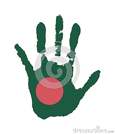 Vector handprint in the form of the flag of Bangladesh.green flag and red circle. Stock Photo