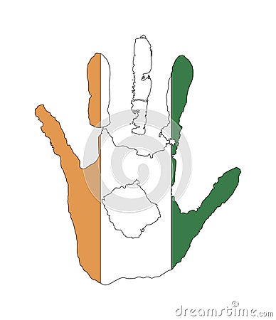 Vector handprint in the form of the flag of Cote d `ivoire. orange, white, green color of the flag Stock Photo